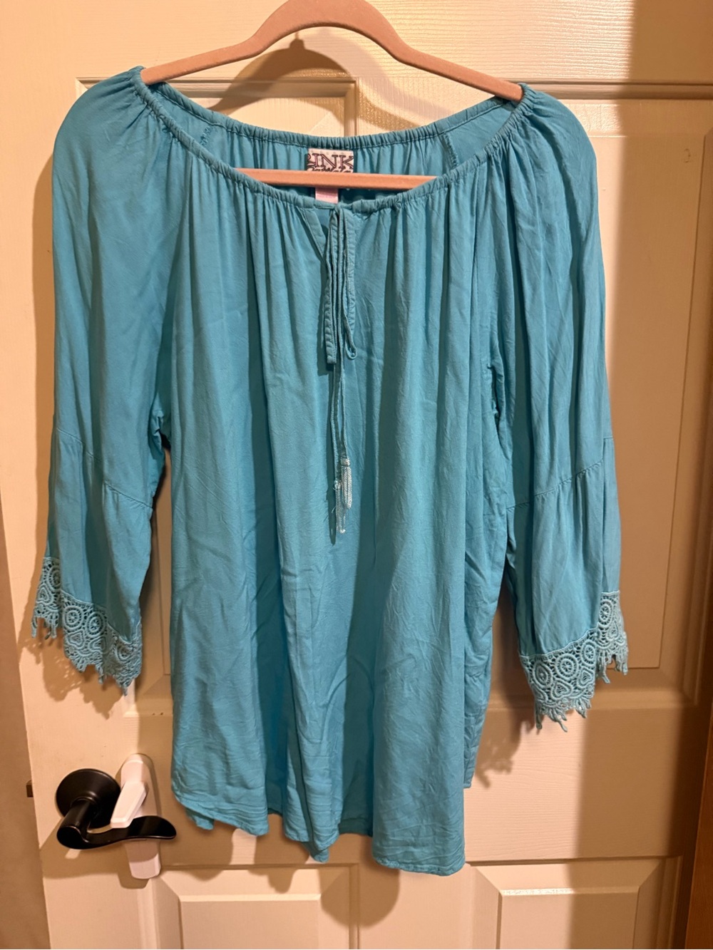 PINK CATTELAC Turquoise Crochet-Cuff Peasant Tunic Top